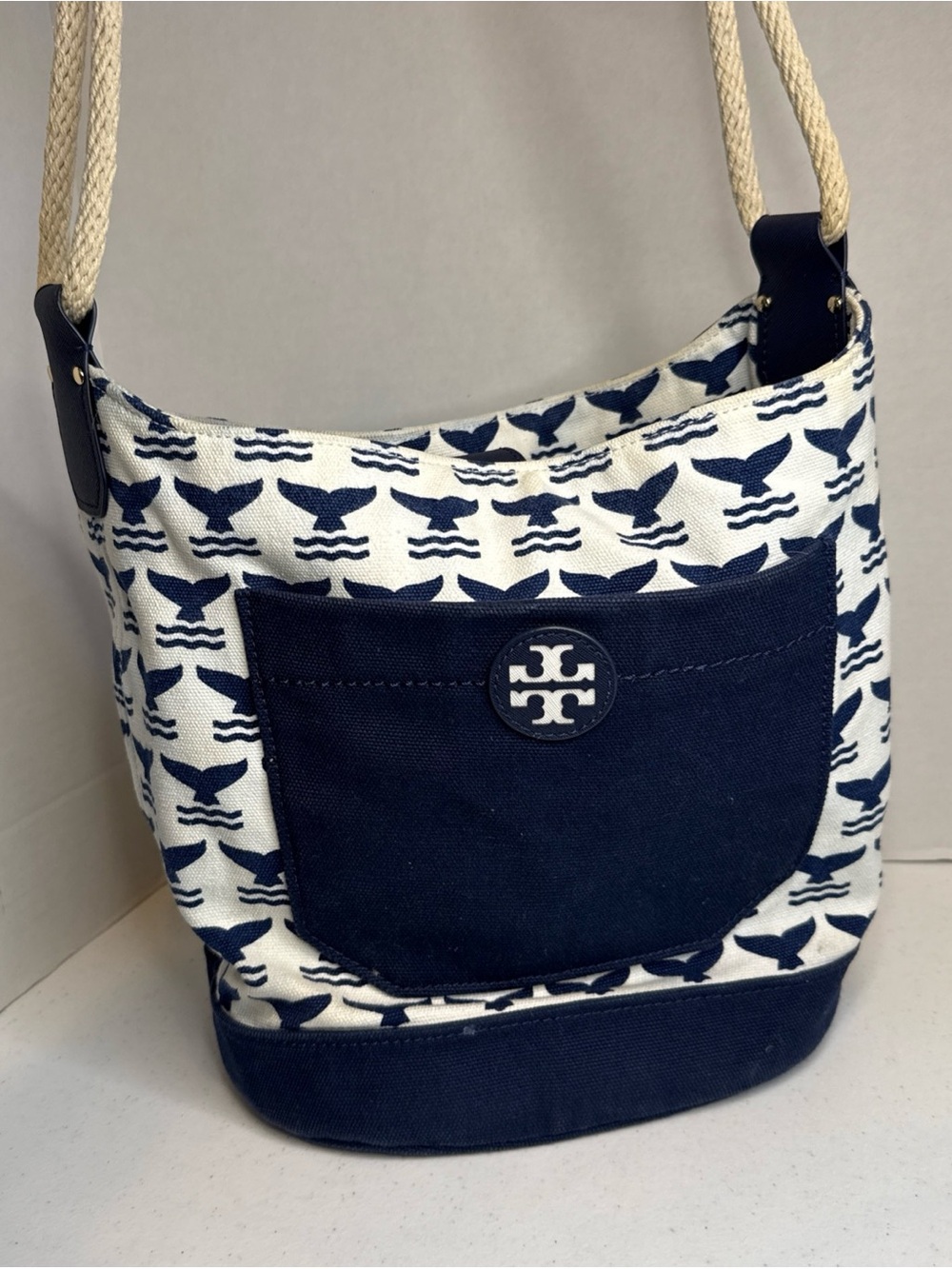 Tory Burch Navy and White Canvas Whale-Print Shoulder Bag